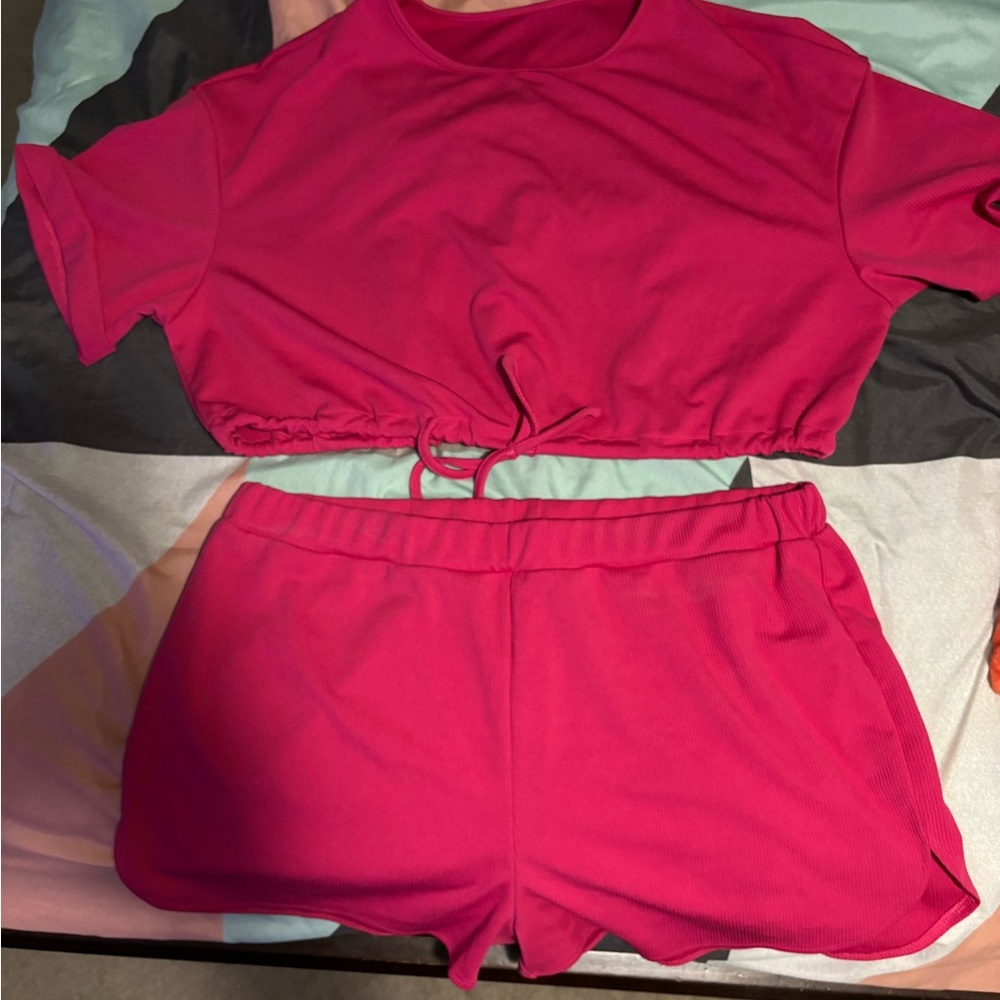 SHEIN Hot Pink Two-Piece Crop Top and Shorts Set